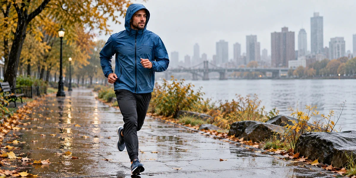 Illustrative scene of a man running in a rain shell and pants on a damp autumn park path.