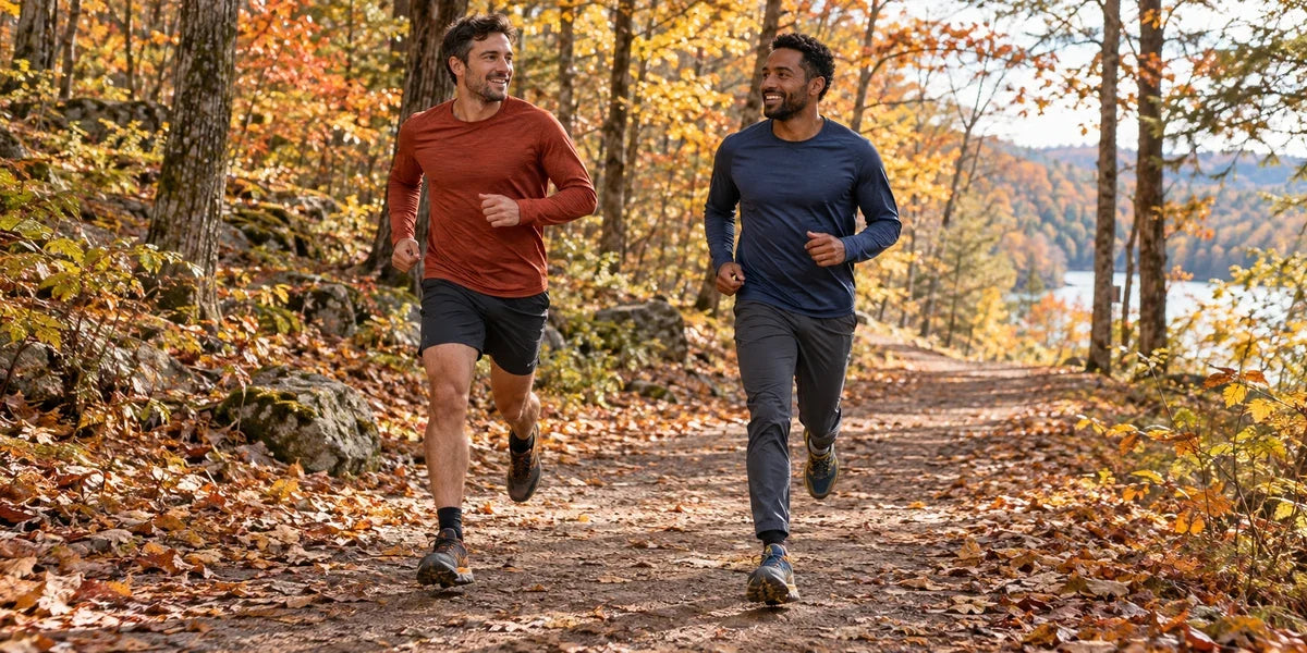 Illustrative scene of two men running on a broad autumn woodland trail.