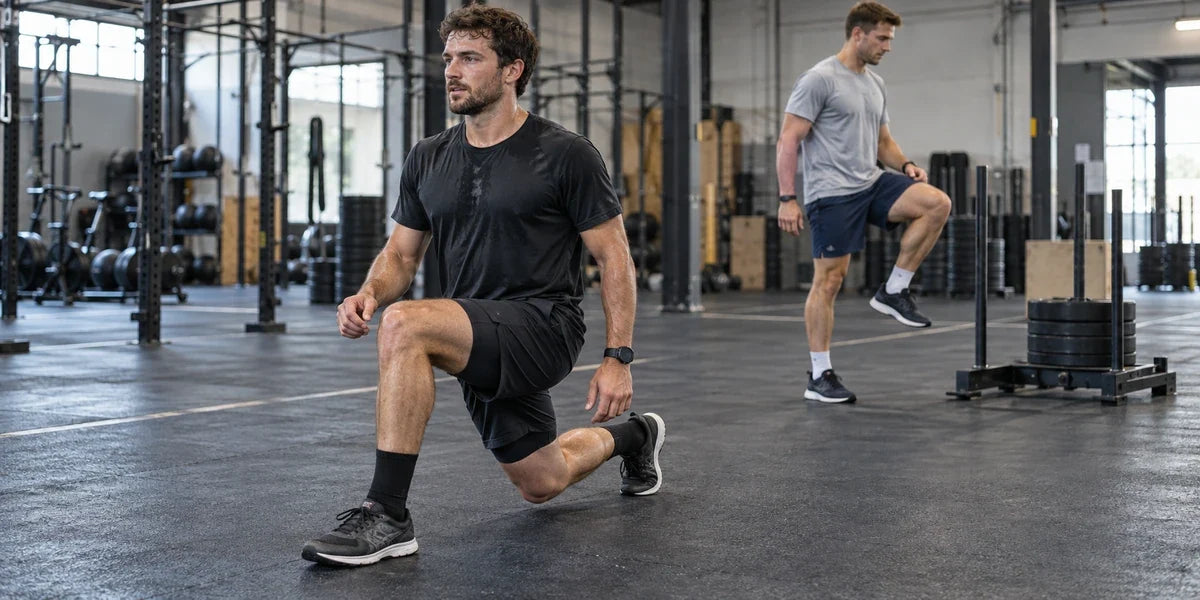 Illustrative gym scene of a man checking athletic shorts during a forward lunge.