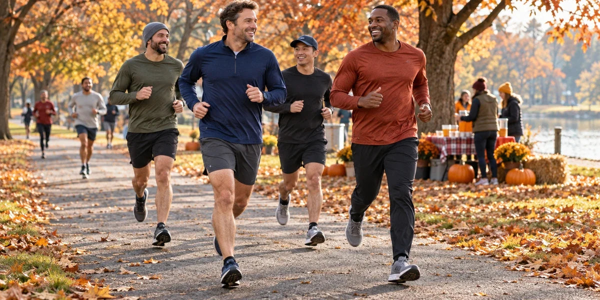 Illustrative scene of men running together in a leafy park on a cool Thanksgiving morning.
