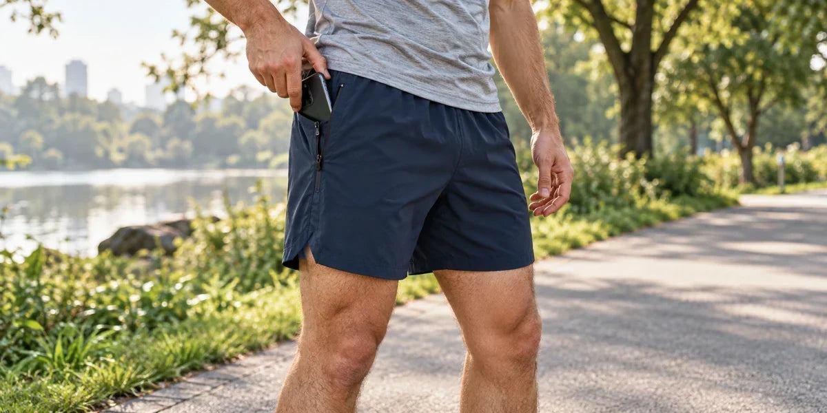 Illustrative running scene showing a phone being placed in a zippered shorts pocket.