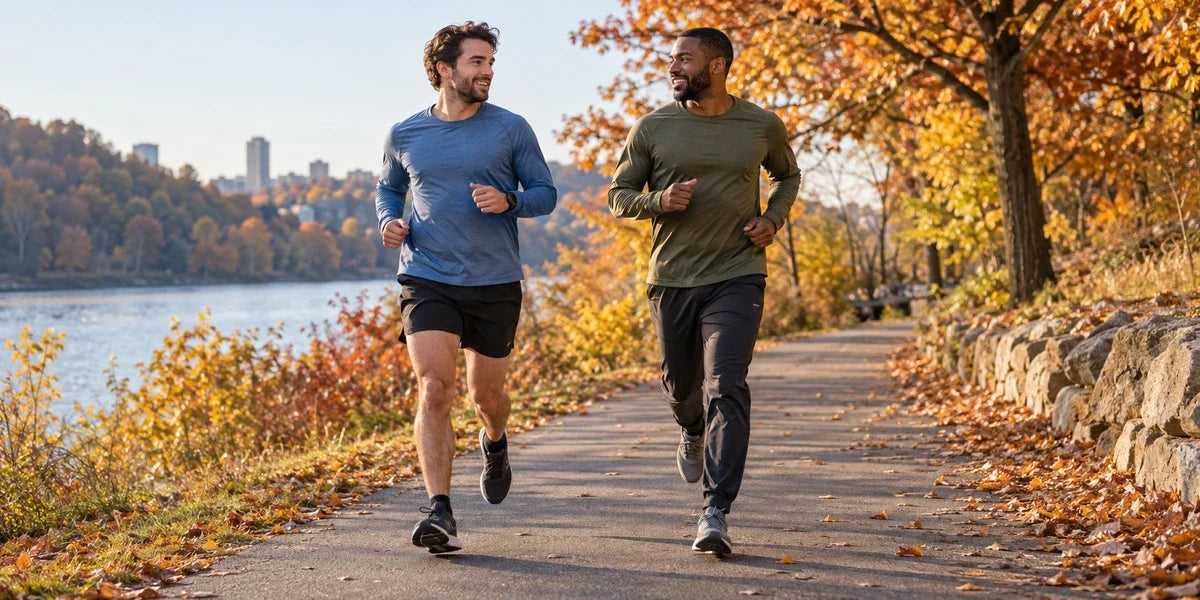 Two men running on an autumn park trail, one wearing shorts and the other lightweight running pants