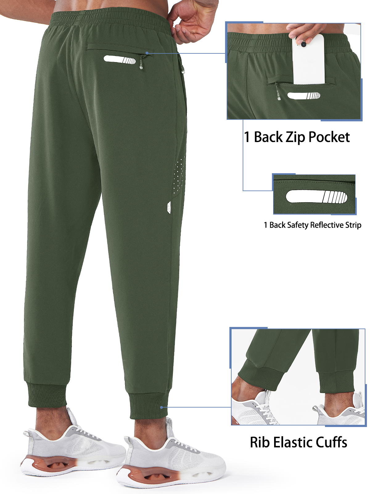 
Mens Army Green Fleece Vuori Joggers Workout Hiking Sweatpants With Zipper Pocket Back