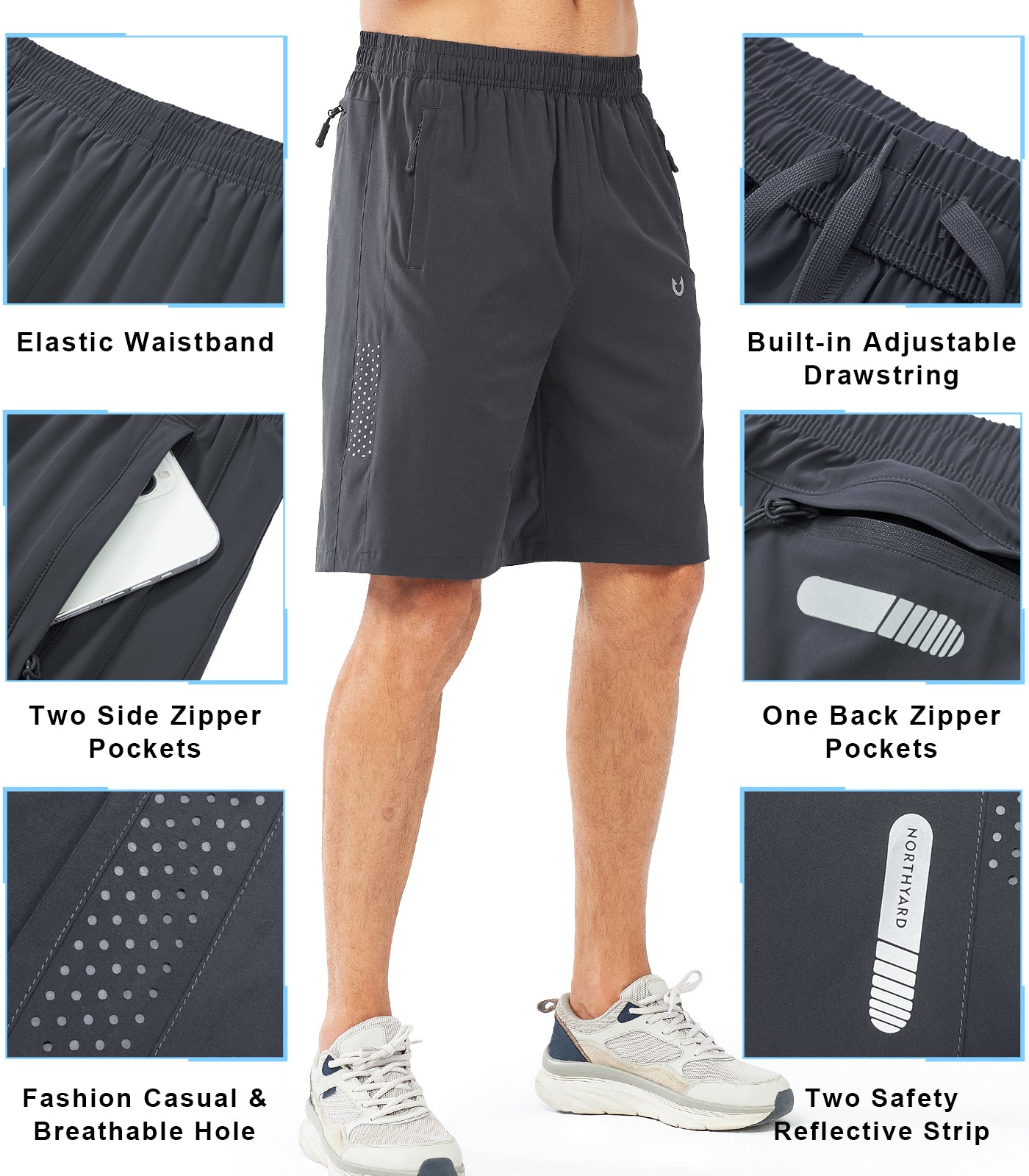 Men's Hiking 9 Inch Inseam Athletic Shorts Quick Dry Fit Gym Workout