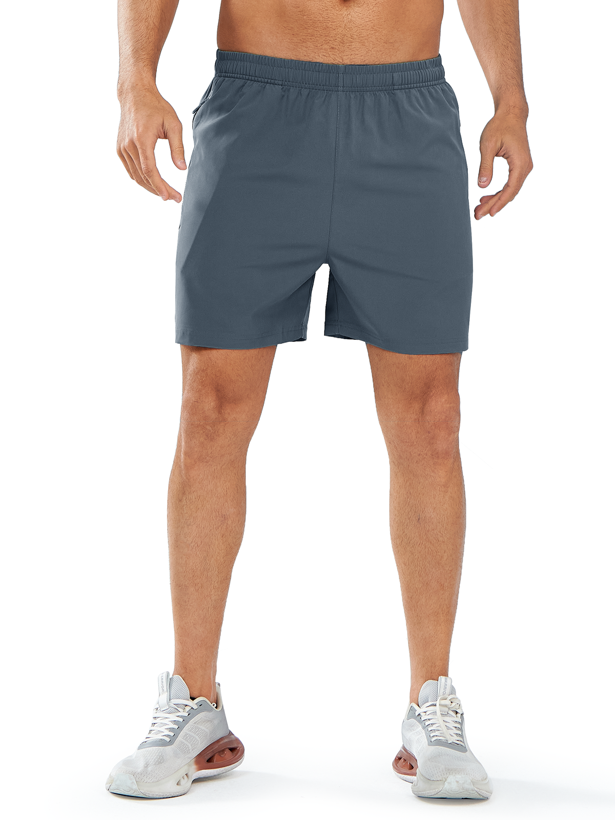 Men's Cool Gray 5 inch Workout Gym Stretch Shorts Lightweight with Zipper Pocket Front