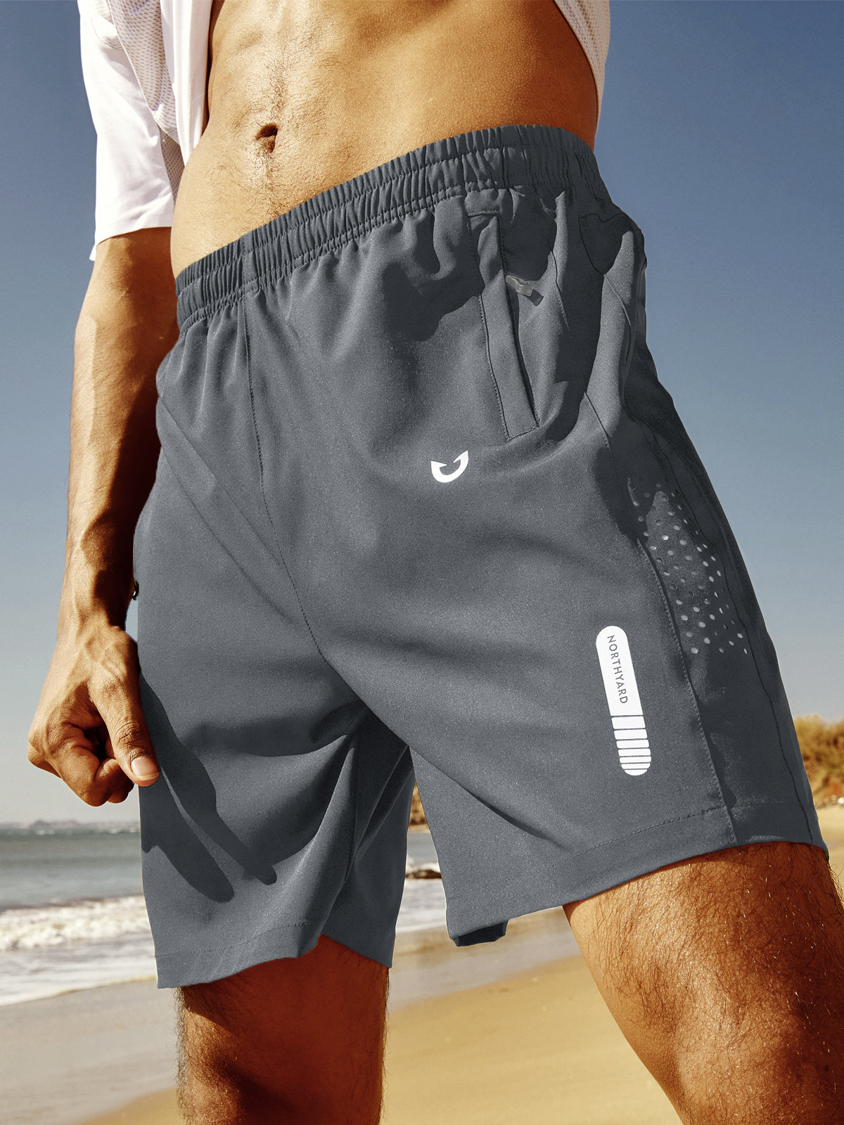 
Men's Athletic Workout 7 Inch Gym Shorts with Zipper Pocket for Hiking — Smoke Grey