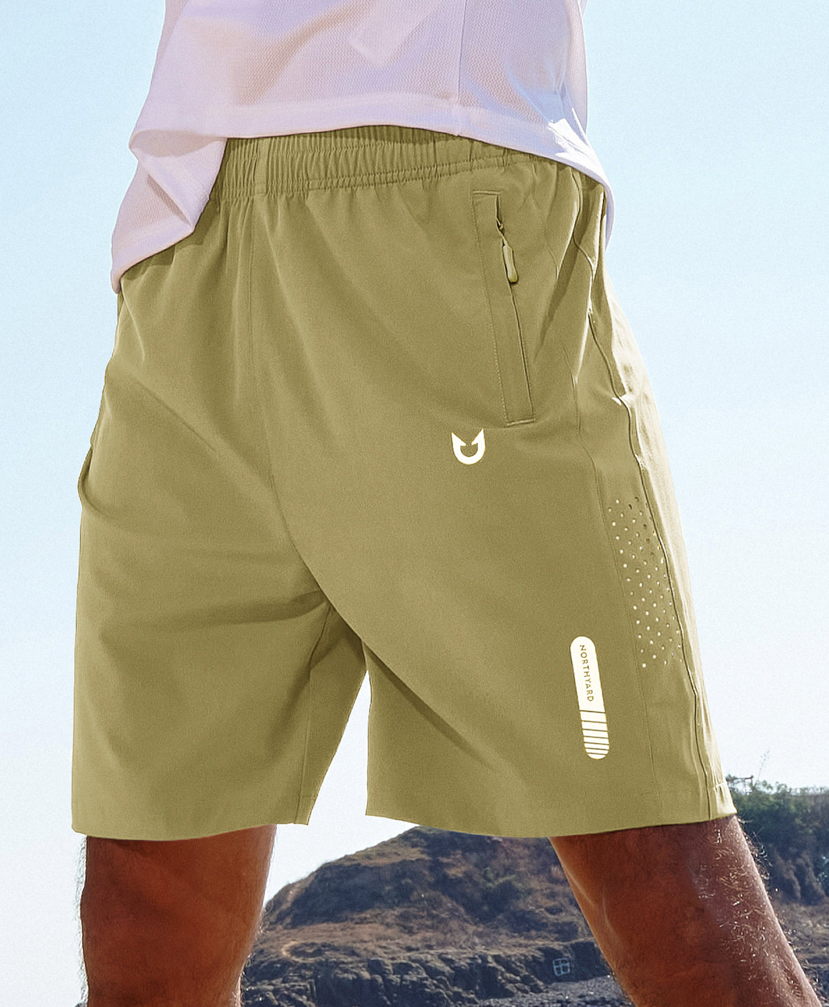 
Men's Athletic Workout 7 Inch Gym Shorts with Zipper Pocket for Hiking — Khaki