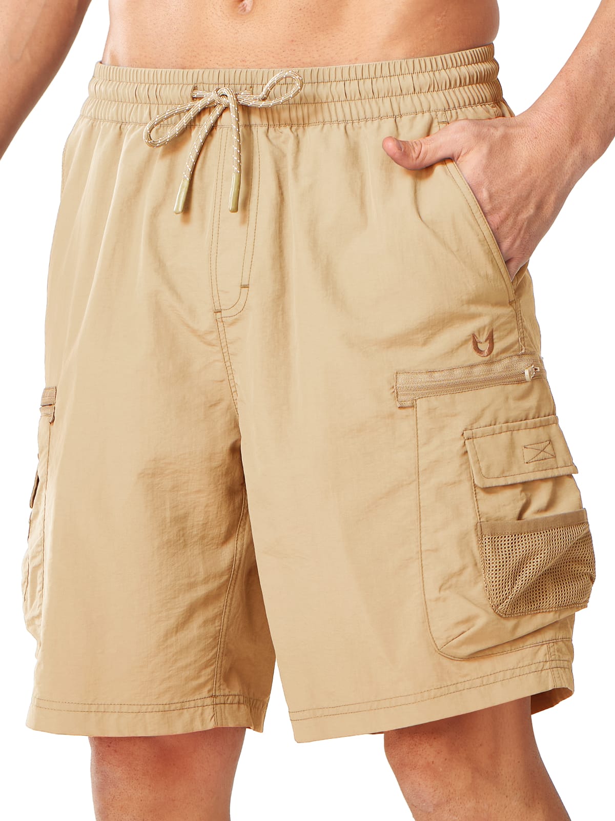 Khaki Men's 9" Hiking Cargo Shorts - Front View Athletic Fit