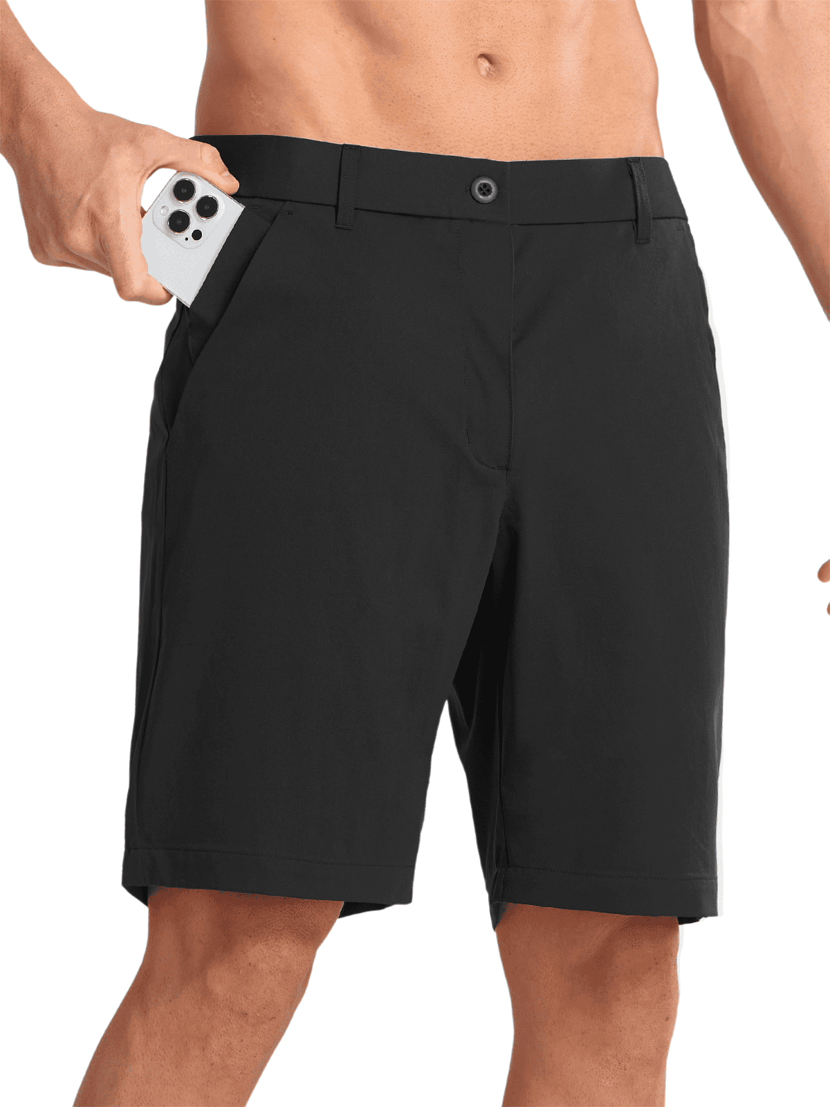 Black Men's Lightweight Performance Shorts - Side Profile View with 4-Way Stretch Knit Fabric