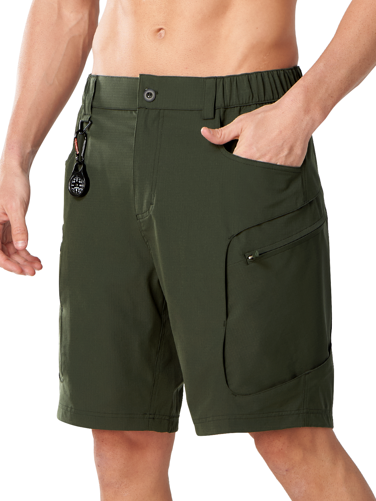 Army Green Men's Lightweight Fishing Shorts - Side Profile View with Ergonomic Athletic Fit