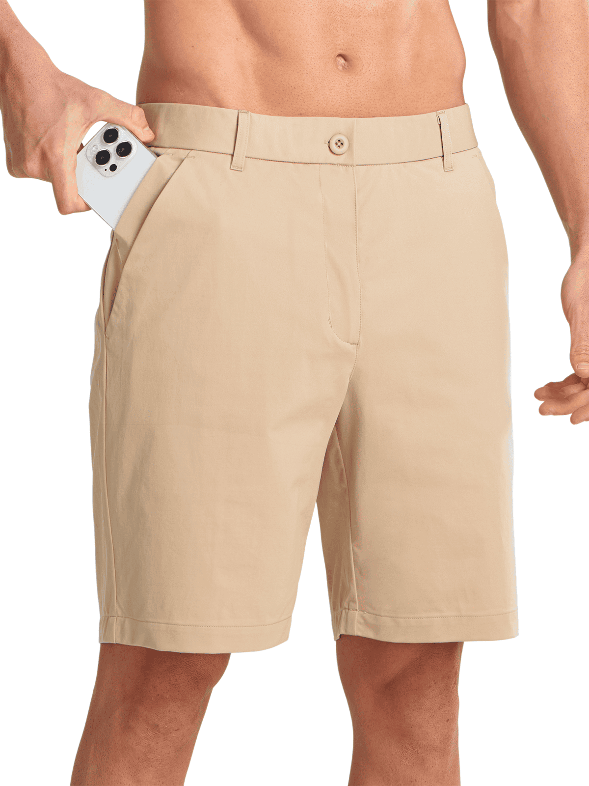 Lightkhaki Men's Lightweight Performance Shorts - Side Profile View with 4-Way Stretch Knit Fabric