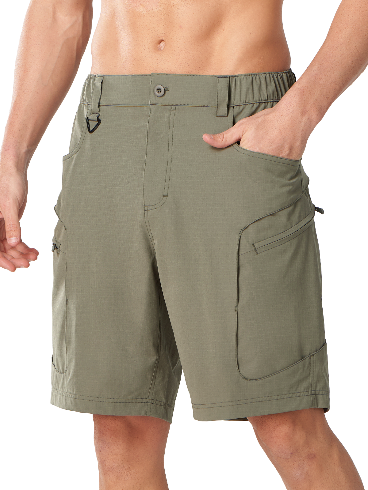 Sage Green Men's Lightweight Fishing Shorts - Side Profile View with Ergonomic Athletic Fit