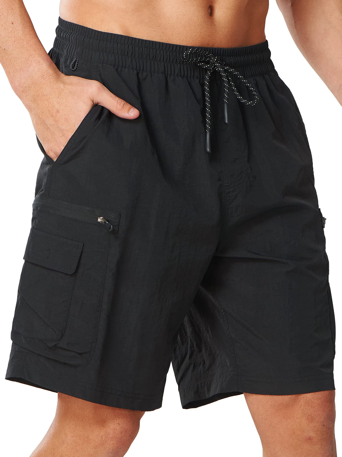 Black Men's 9" Hiking Cargo Shorts - Front View Athletic Fit