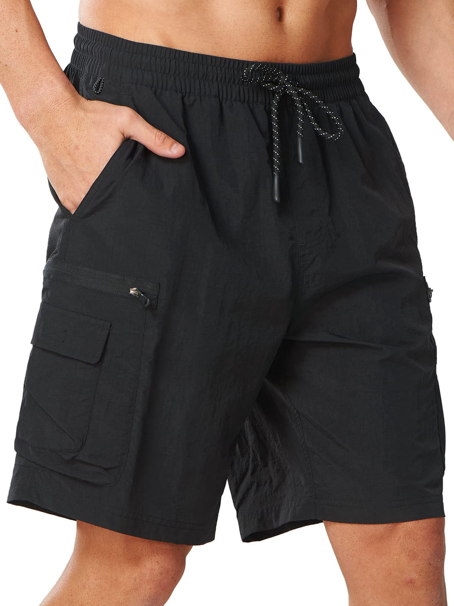 
Black Men's 9" Hiking Cargo Shorts - Front View Athletic Fit