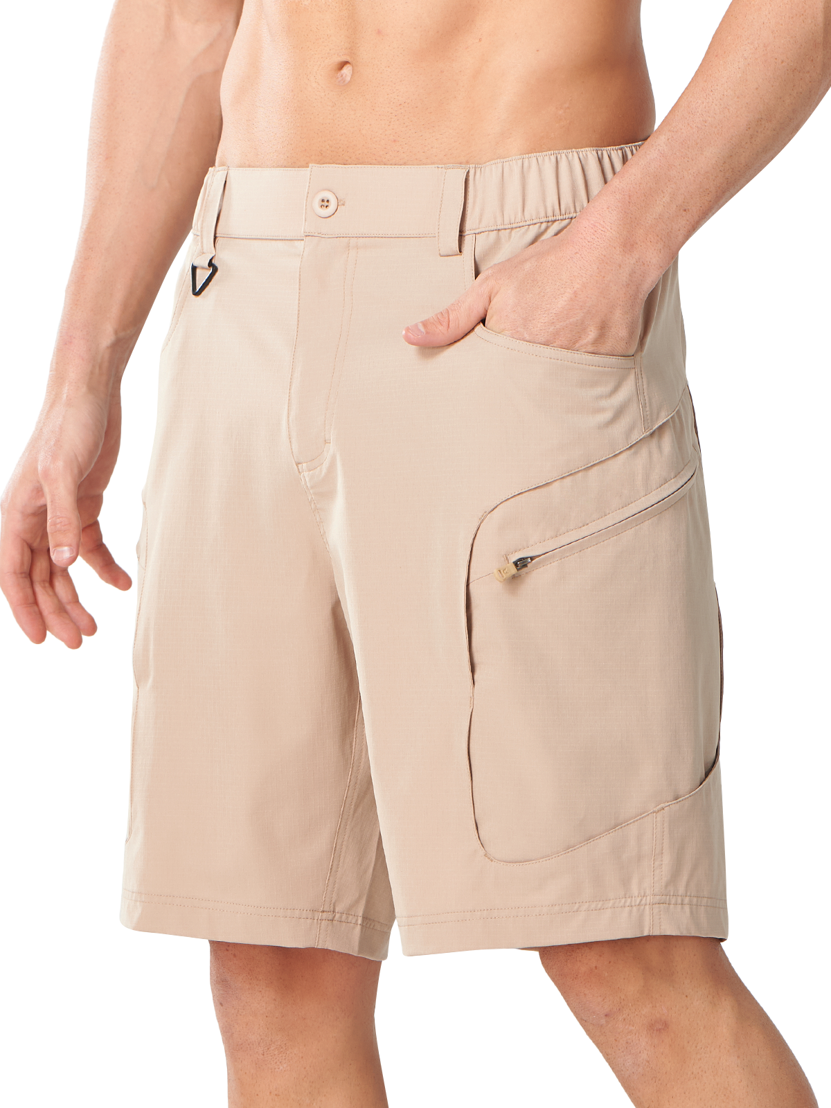 Khaki Men's Lightweight Fishing Shorts - Side Profile View with Ergonomic Athletic Fit