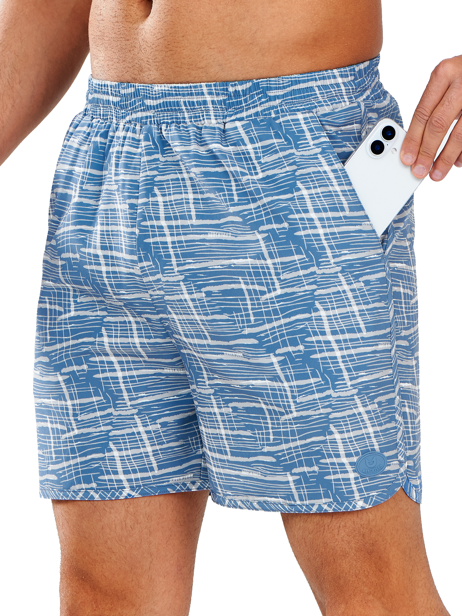 NORTHYARD Men's Blue White Lines Swim Trunks 5" Shorts with Mesh Liner Packable for Surfing Beach