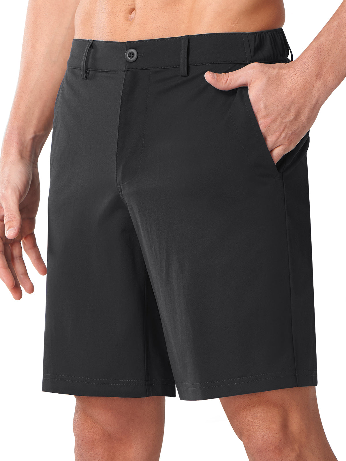 
Black Men's Lightweight Technical Shorts - Side View with Pro-Swing Flexibility & 4-Way Stretch