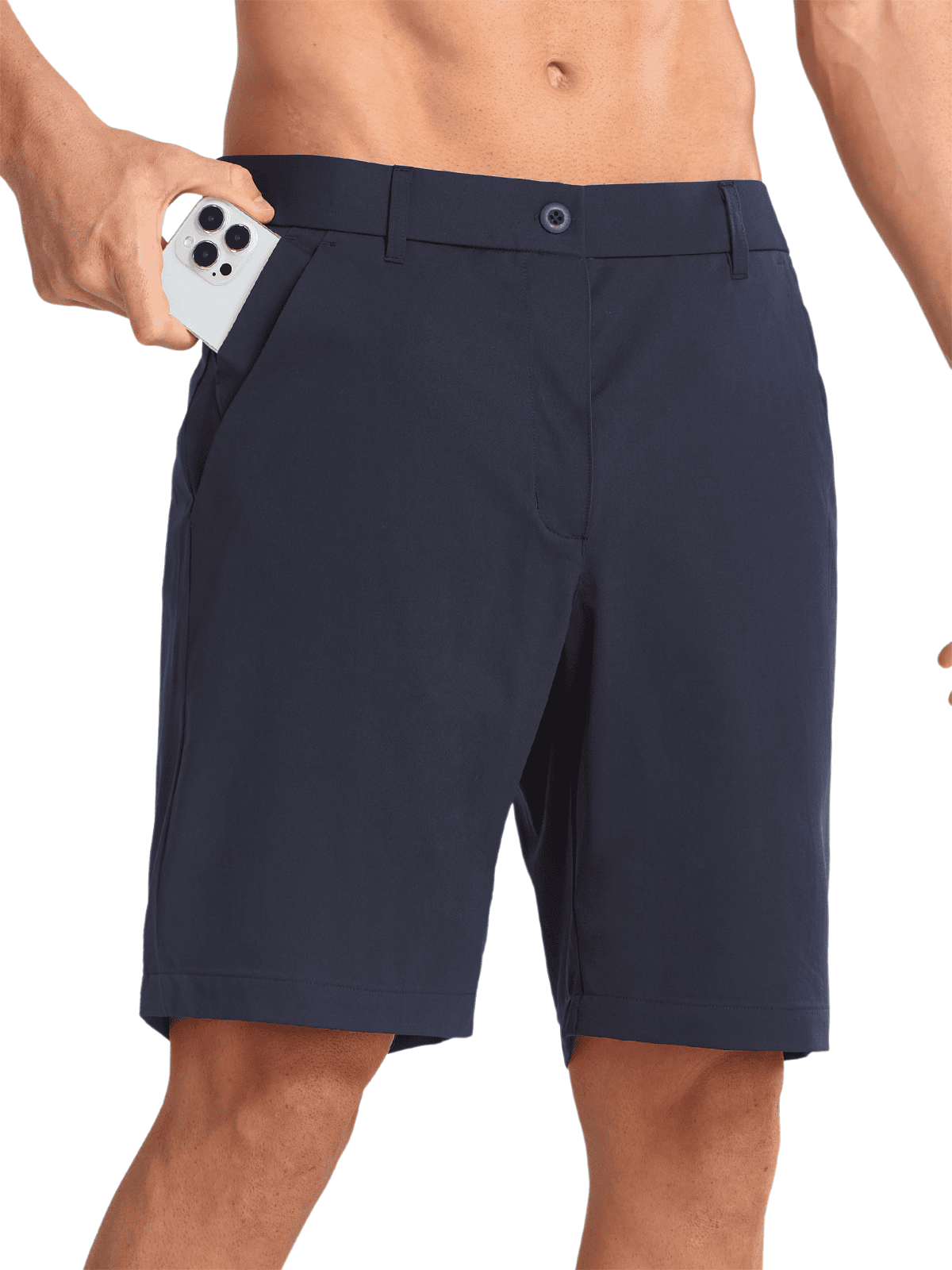 Navy Men's Lightweight Performance Shorts - Side Profile View with 4-Way Stretch Knit Fabric
