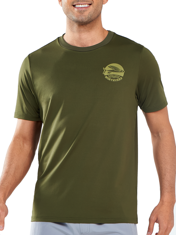 Norhyard Men's Army Green Short Sleeve Fishing T-Shirts UV Sun Protection Dry fit Swim Gym