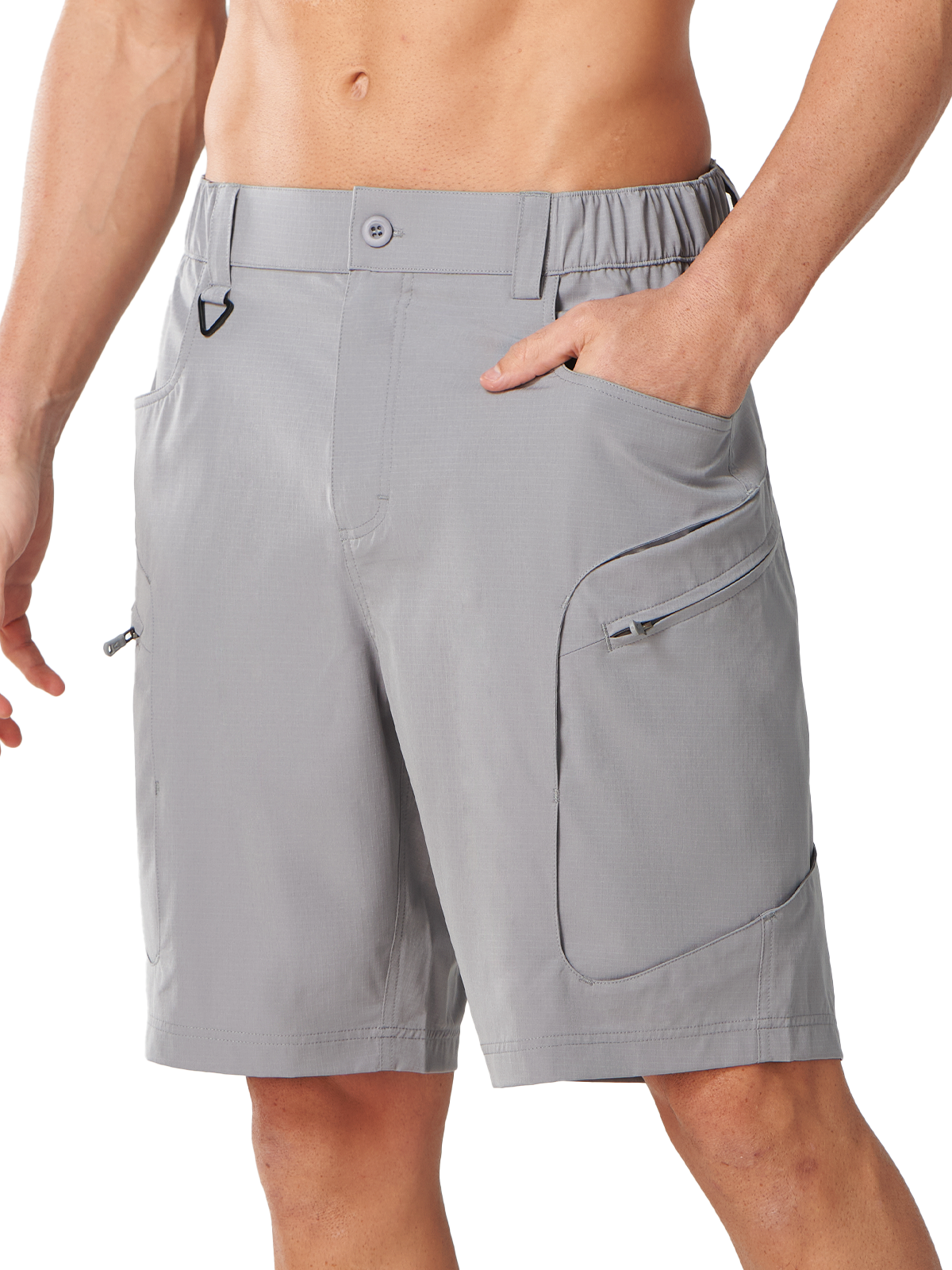 Light Grey Men's Lightweight Fishing Shorts - Side Profile View with Ergonomic Athletic Fit
