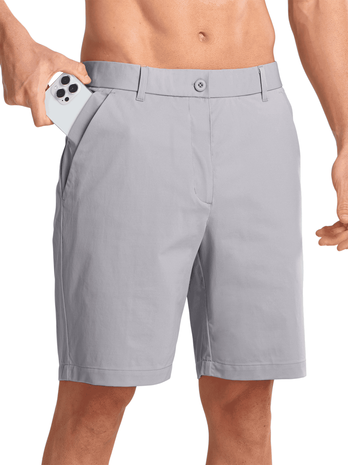 Lightgrey Men's Lightweight Performance Shorts - Side Profile View with 4-Way Stretch Knit Fabric
