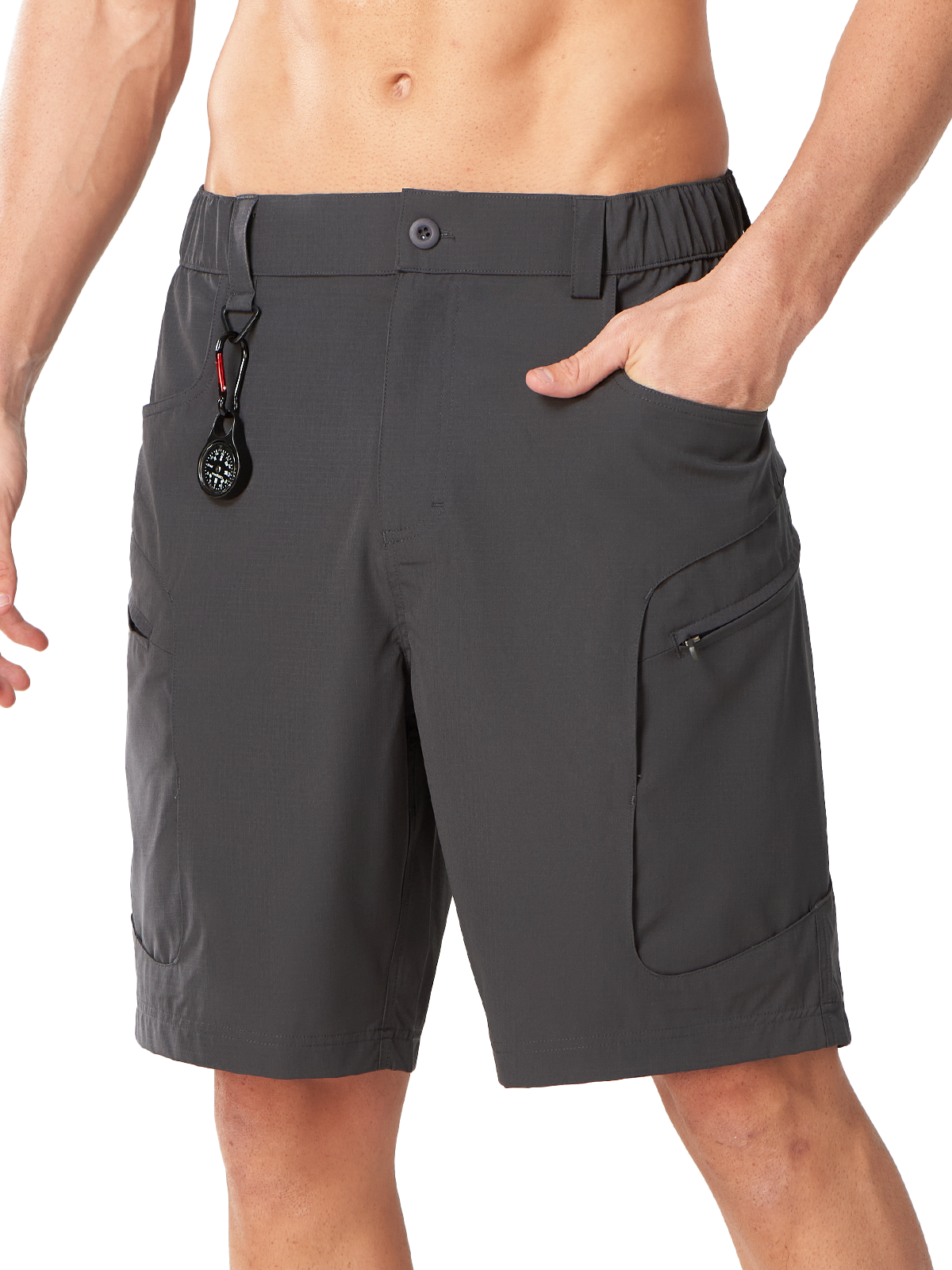 Dark Grey Men's Lightweight Fishing Shorts - Side Profile View with Ergonomic Athletic Fit
