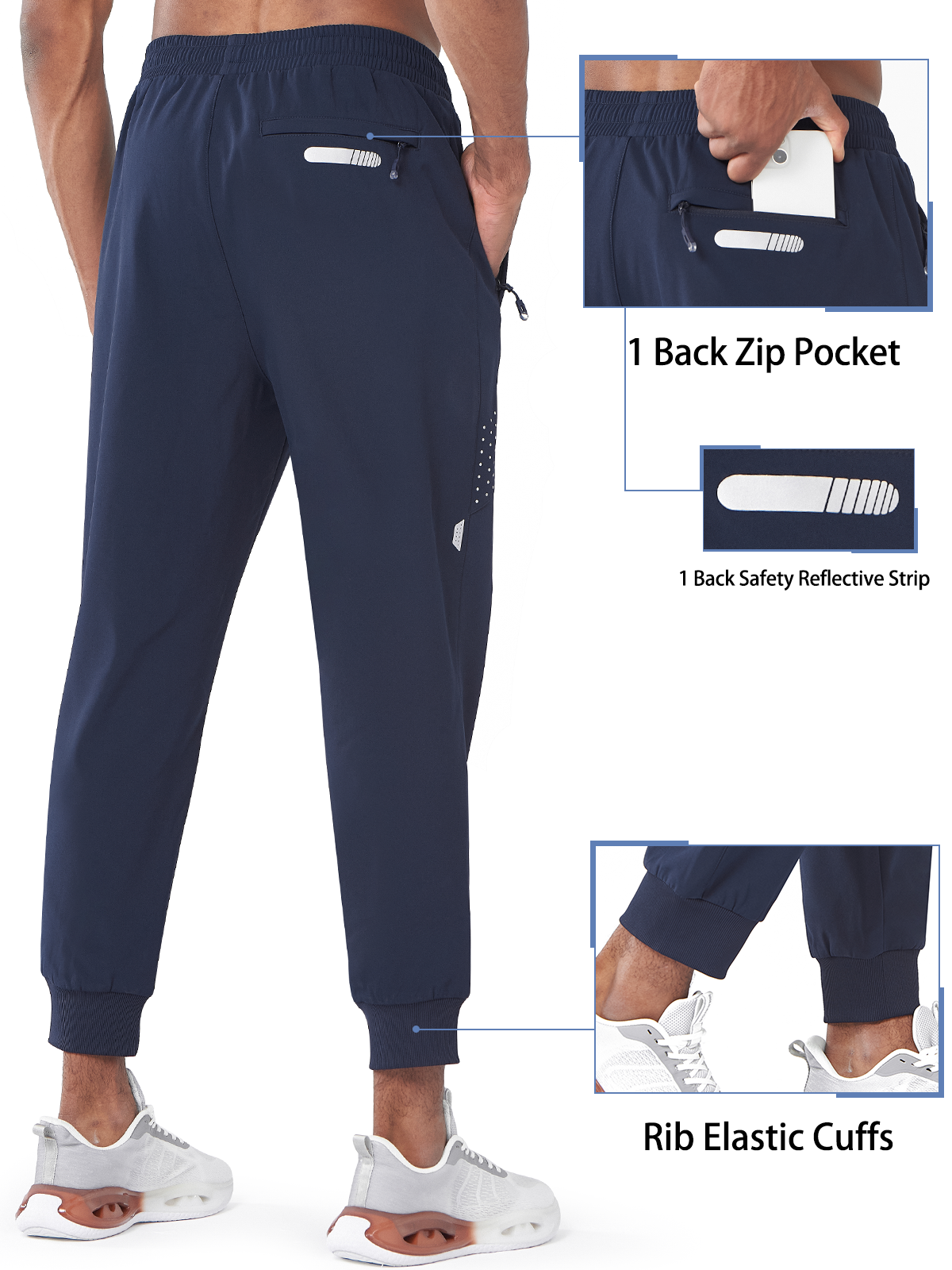 
Mens Navy Fleece Vuori Joggers Workout Hiking Sweatpants With Zipper Pocket Back