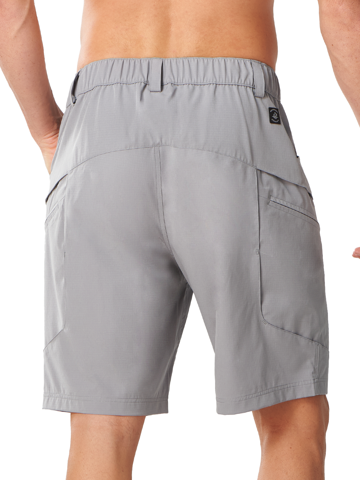 Light Grey Men's Outdoor Cargo Shorts - Back View Featuring Secure Button-Closure Pockets