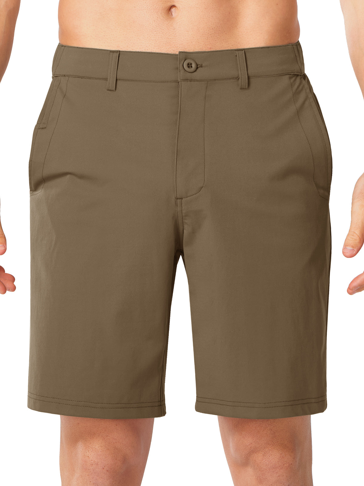 Darkkhaki Men's 9 Inch Inseam Golf Shorts - Front View Flat Front Performance Trousers