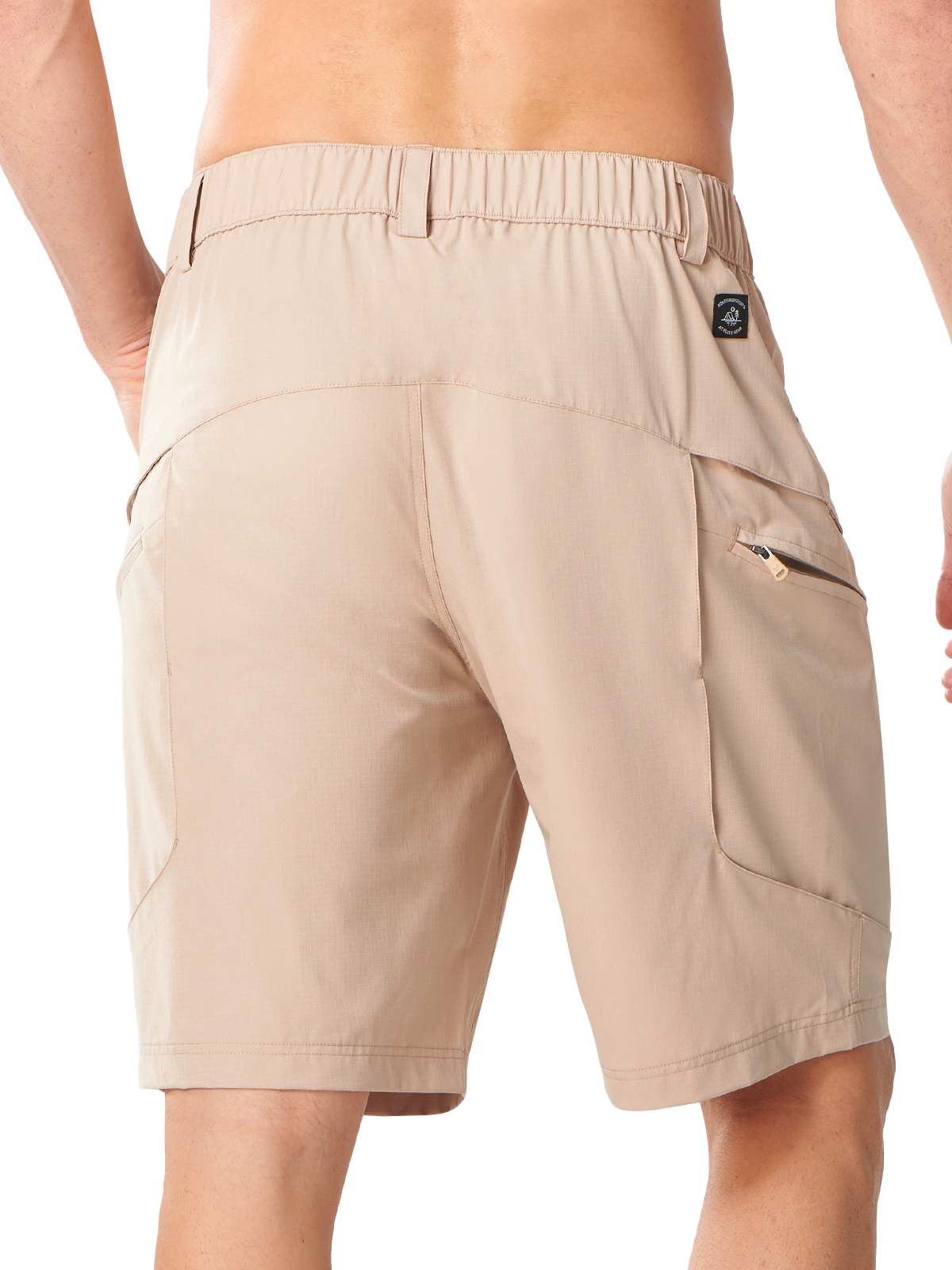 Khaki Men's Outdoor Cargo Shorts - Back View Featuring Secure Button-Closure Pockets