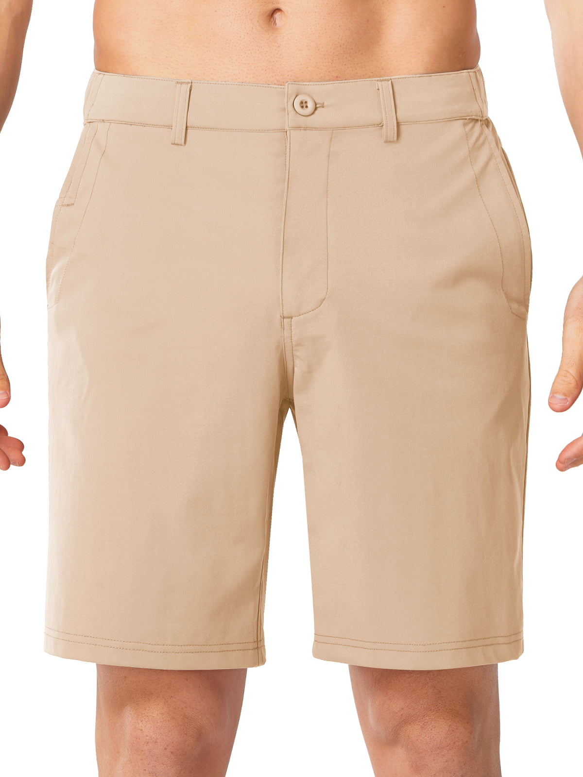 Lightkhaki Men's 9 Inch Inseam Golf Shorts - Front View Flat Front Performance Trousers