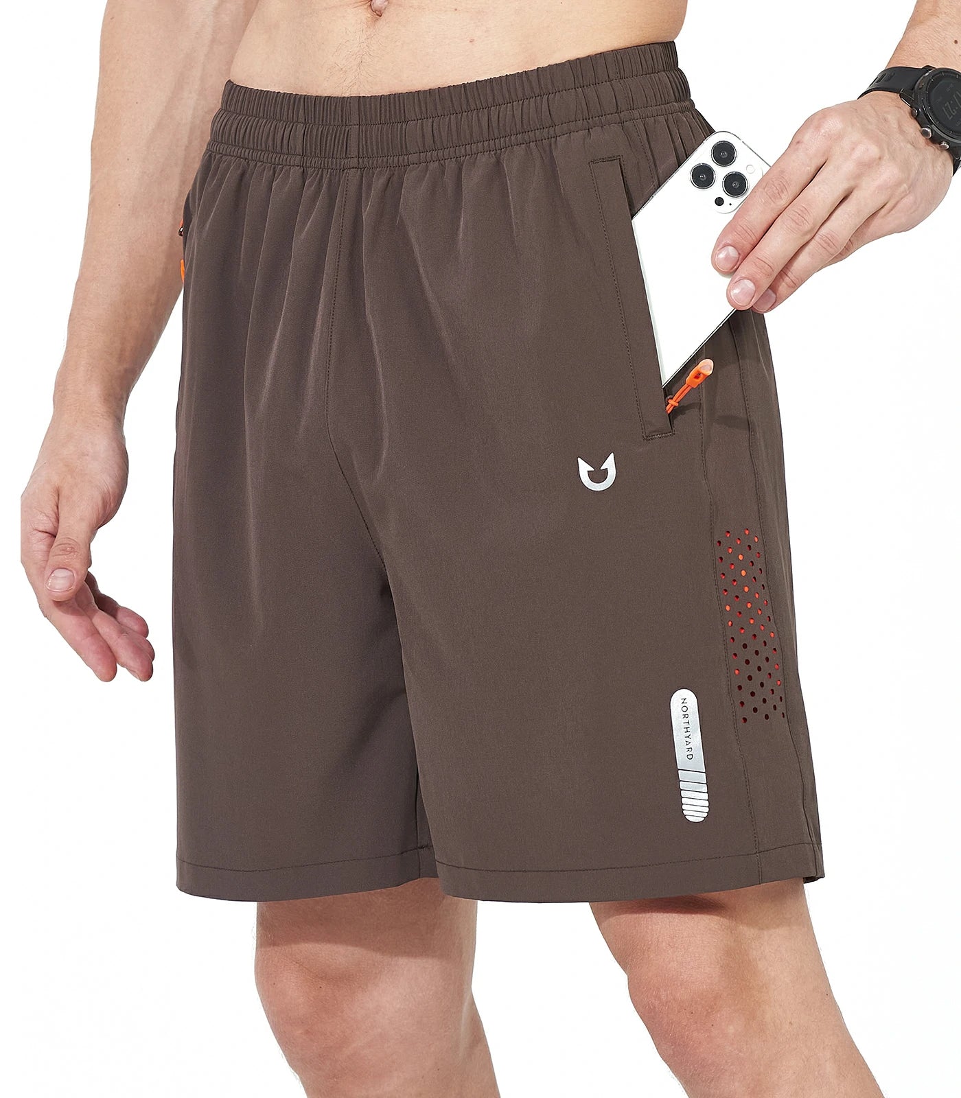 Northyard Men's Athletic Workout 7 Inch Gym Shorts with Zipper Pocket for Hiking Coffee