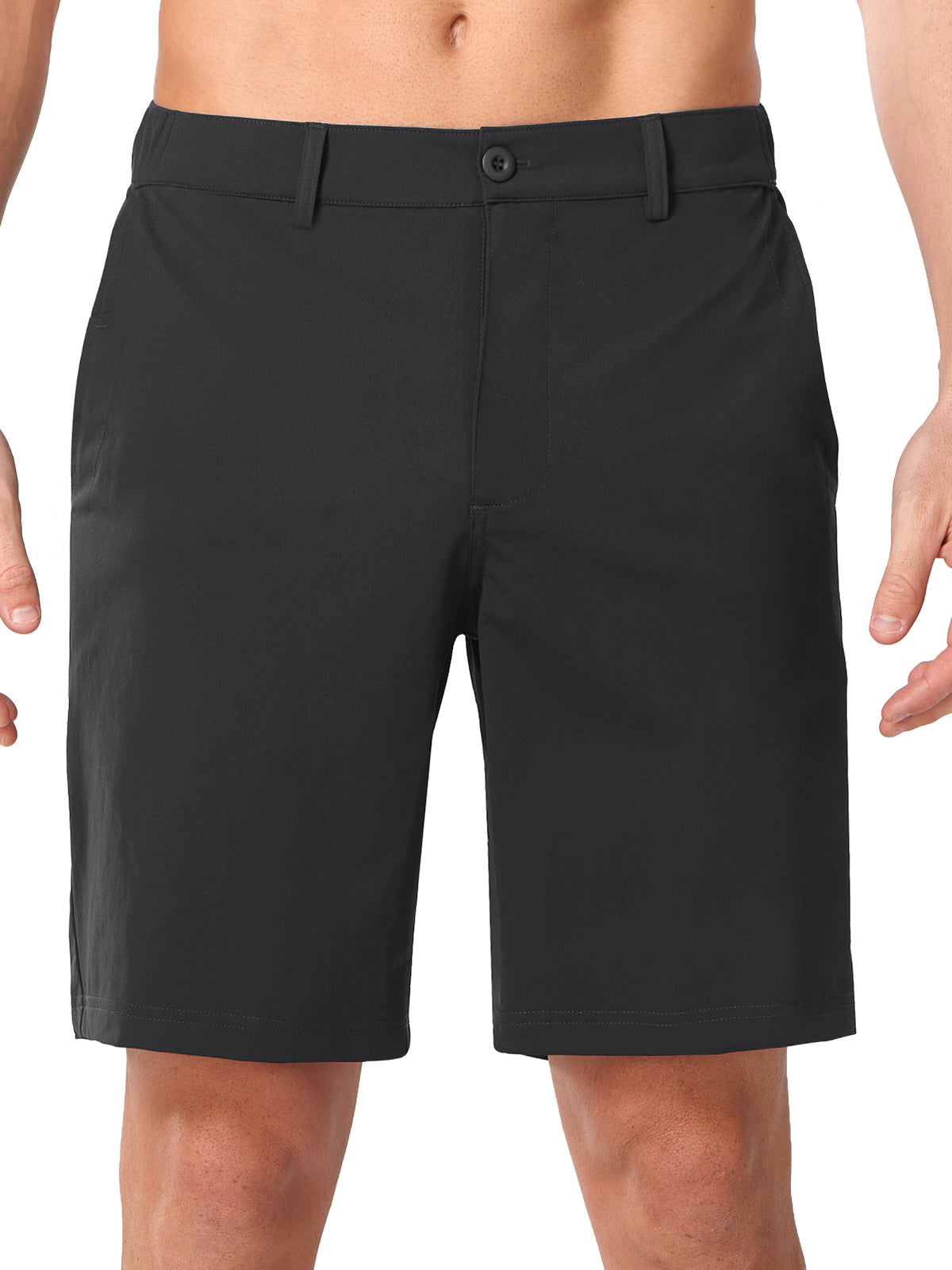 
Black Men's 9 Inch Inseam Golf Shorts - Front View Flat Front Performance Trousers
