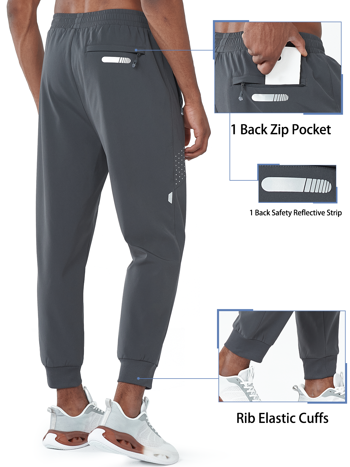 
Mens Dark Grey Fleece Vuori Joggers Workout Hiking Sweatpants With Zipper Pocket Back