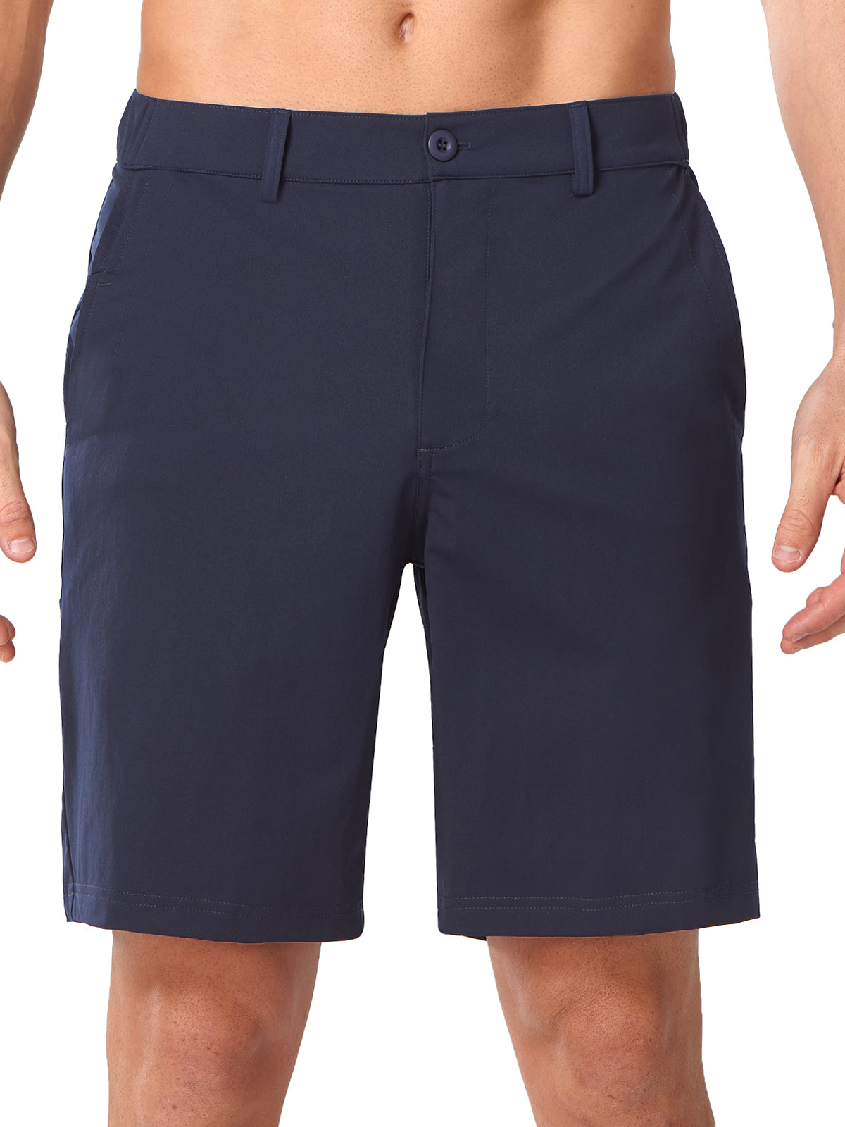 
Navy Men's 9 Inch Inseam Golf Shorts - Front View Flat Front Performance Trousers