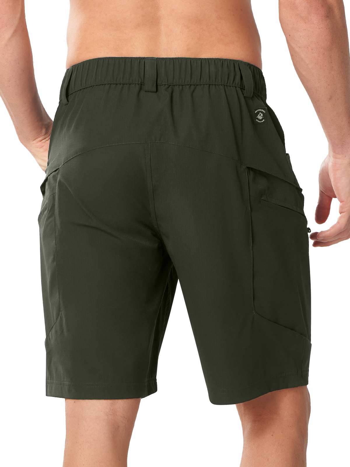 Army Green Men's Outdoor Cargo Shorts - Back View Featuring Secure Button-Closure Pockets