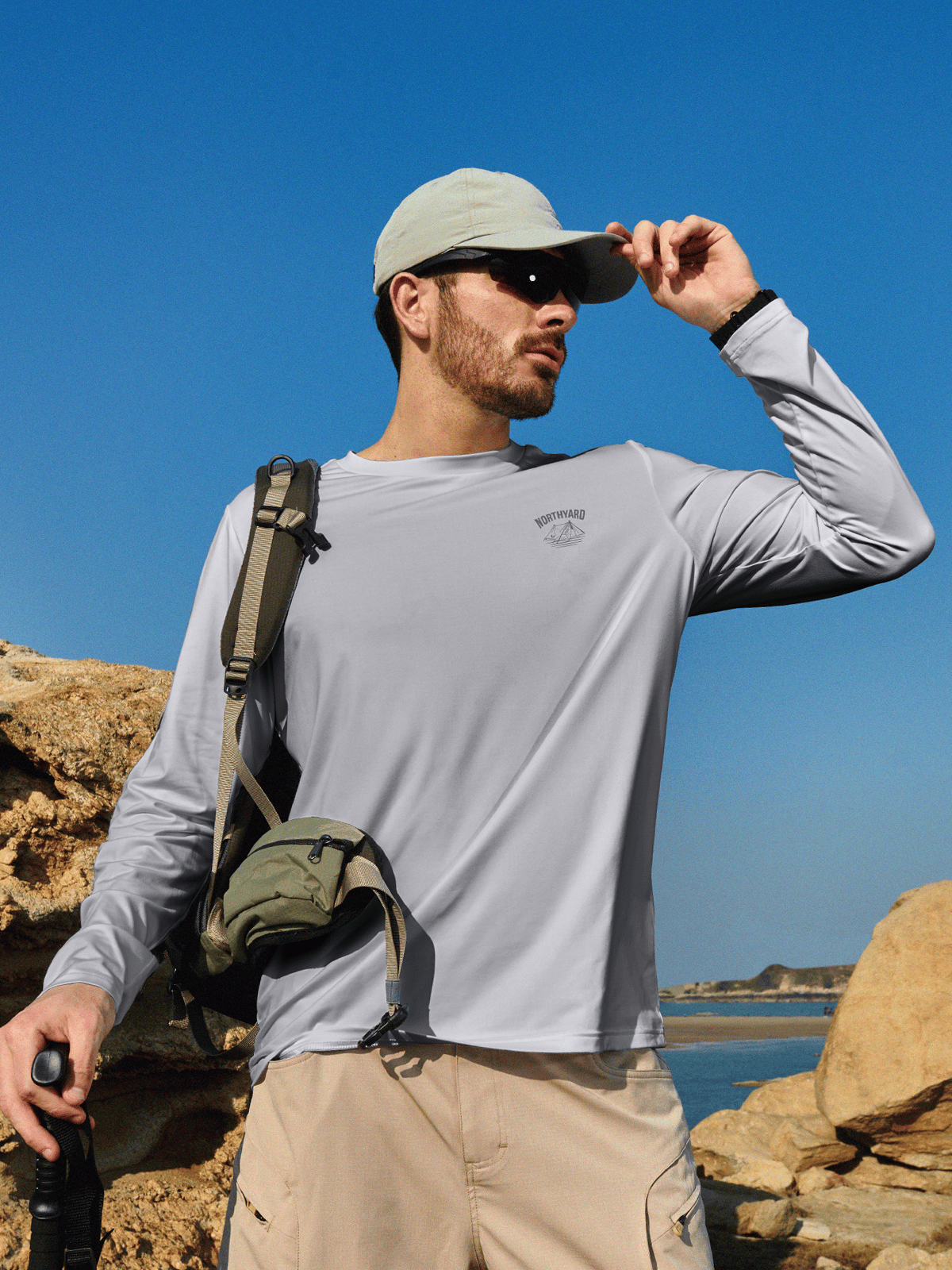 Lightgrey Men's UPF 50+ Sun Protection Shirt On-Model - Long Sleeve Fishing Rash Guard