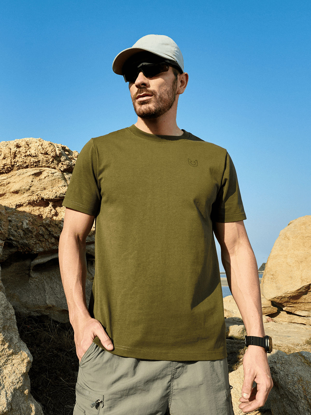 Army Green Men's 100% Cotton Graphic T-Shirt On-Model - Relaxed Fit Adventure Lifestyle