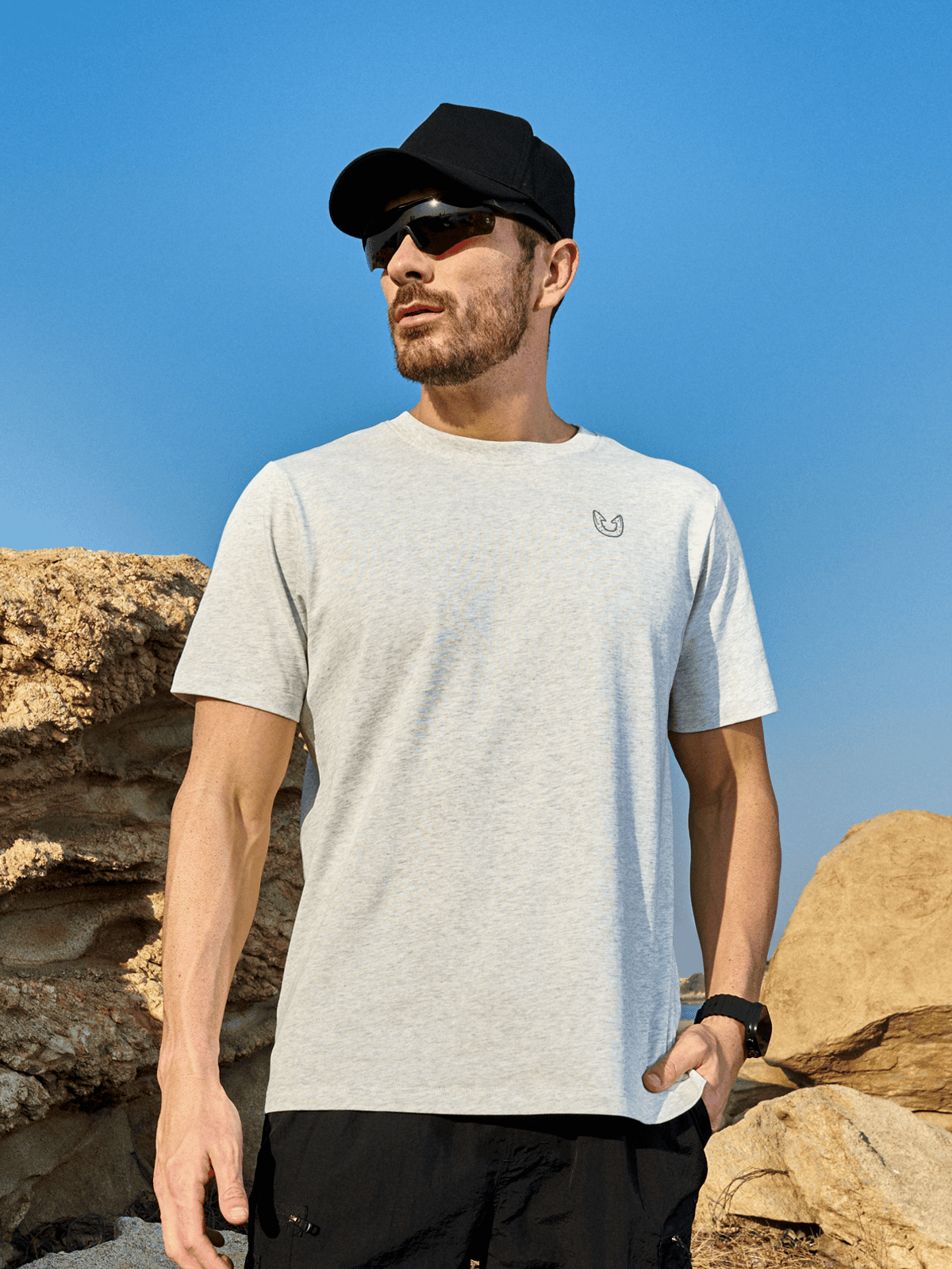 white Heather Men's 100% Cotton Graphic T-Shirt On-Model - Relaxed Fit Adventure Lifestyle
