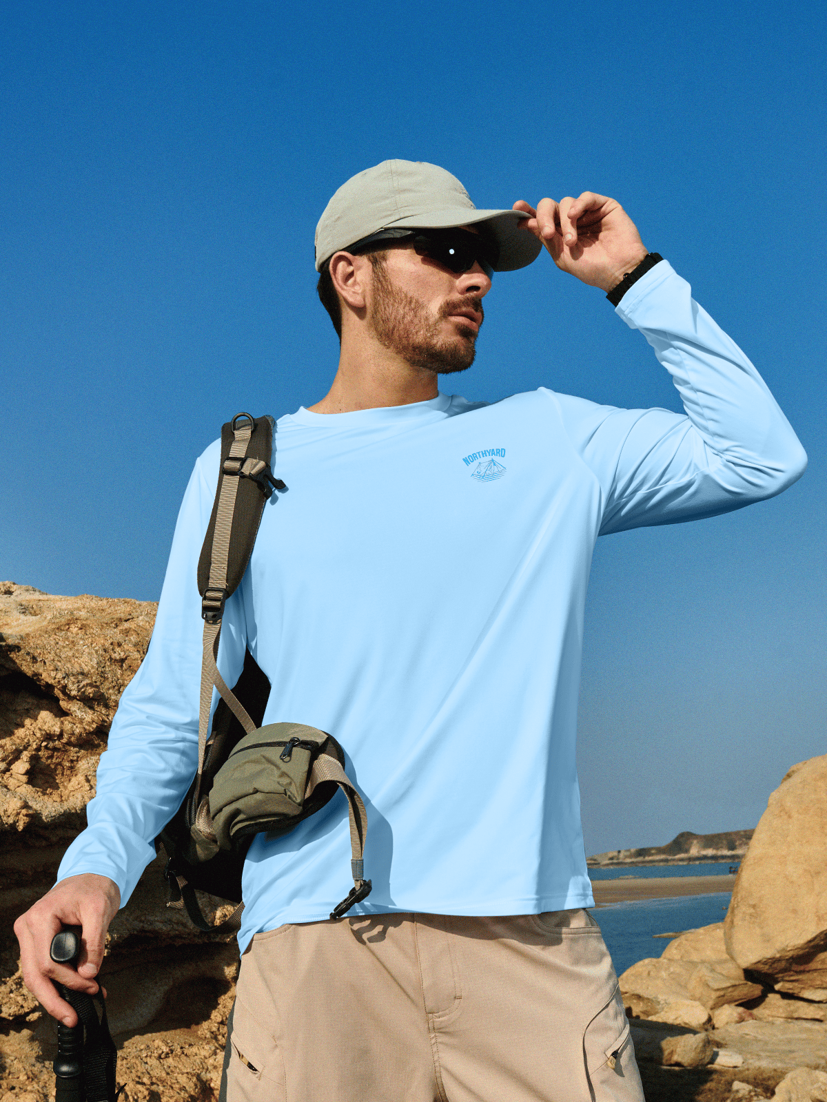 Skyblue Men's UPF 50+ Sun Protection Shirt On-Model - Long Sleeve Fishing Rash Guard