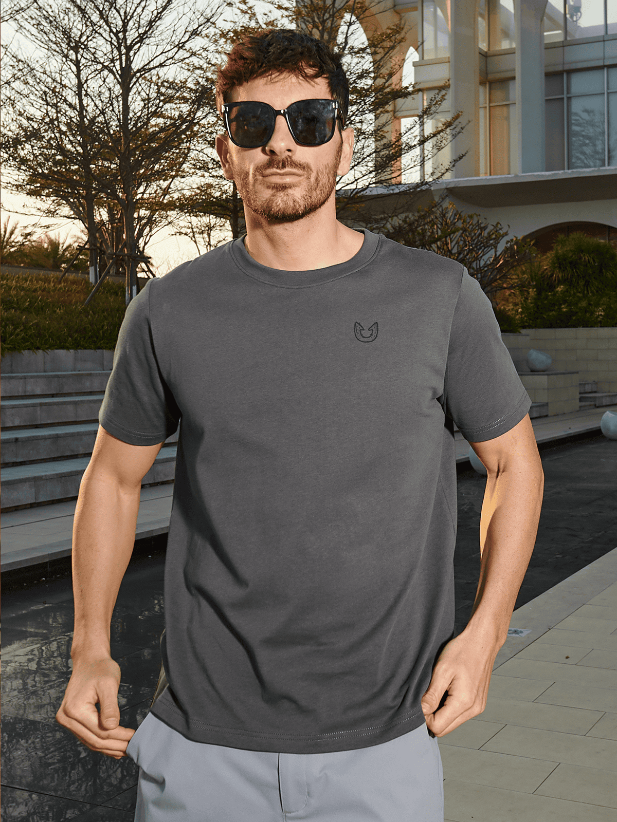 Dark Grey Men's 100% Cotton Graphic T-Shirt On-Model - Relaxed Fit Adventure Lifestyle