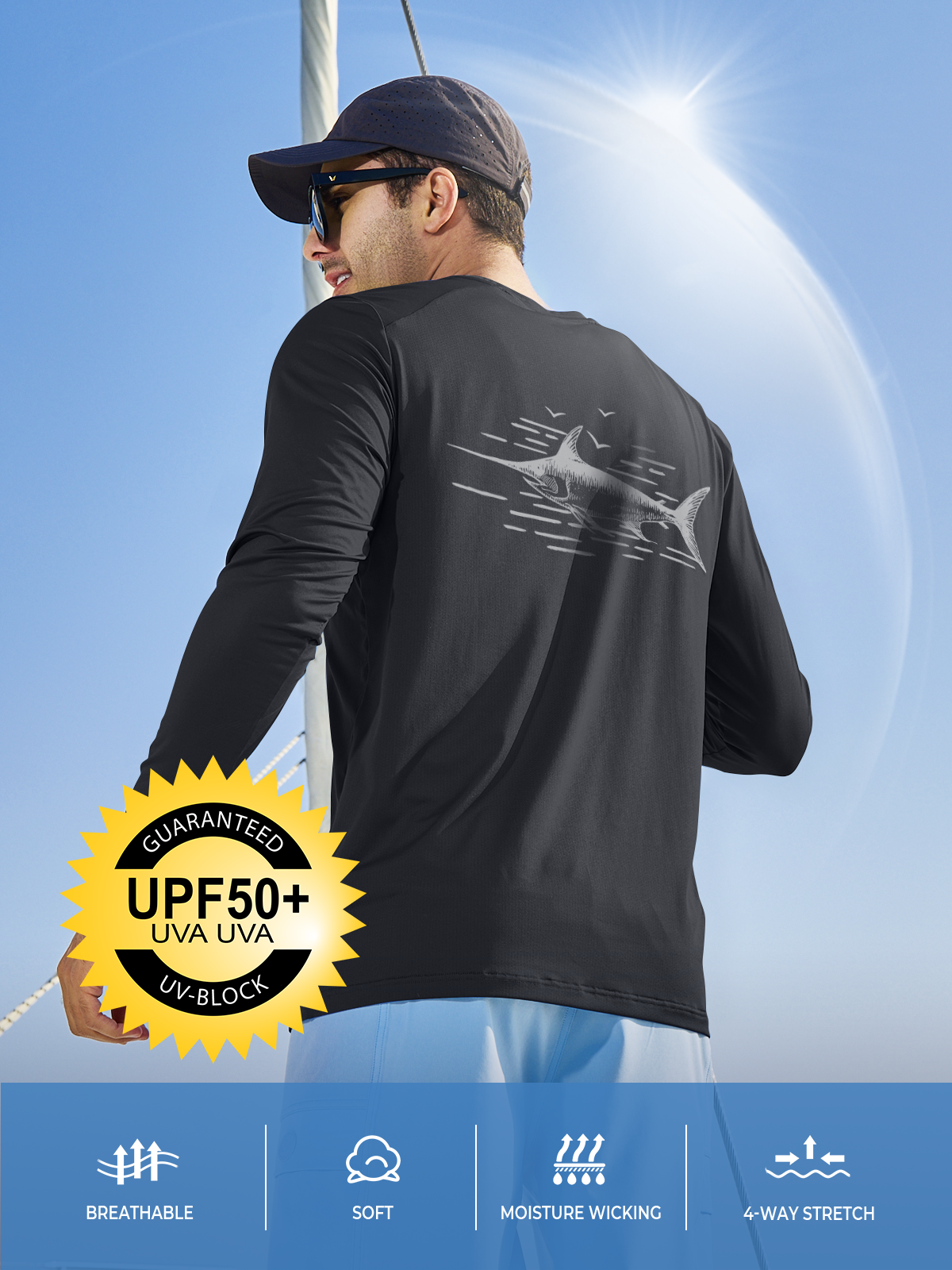 Men's Sun Protection UV Fishing T Shirts Crewneck Long Sleeve for Swim