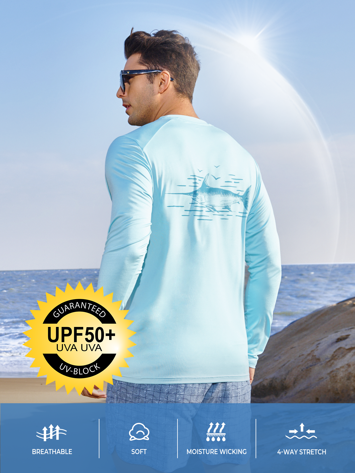 Men's Sun Protection UV Fishing T Shirts Crewneck Long Sleeve for Swim