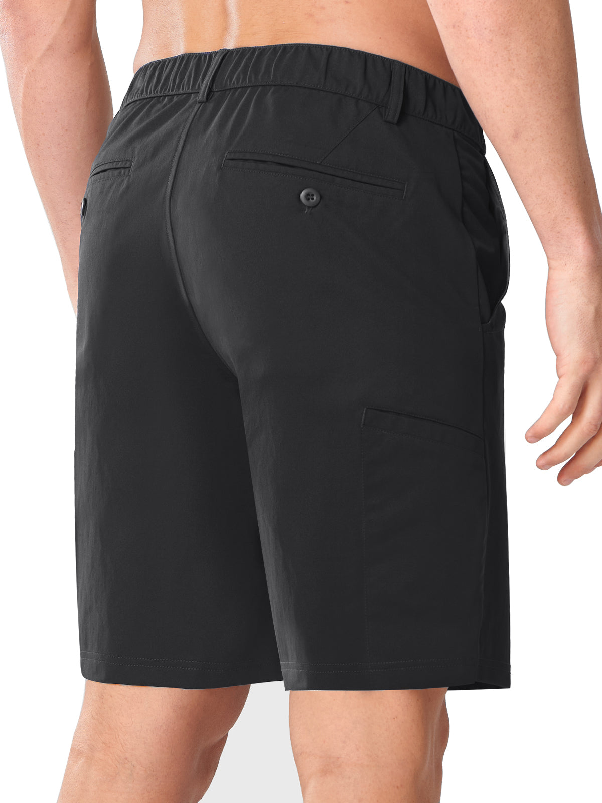 Black Men's Performance Work Shorts - Back View Featuring Secure Button-Closure Pockets