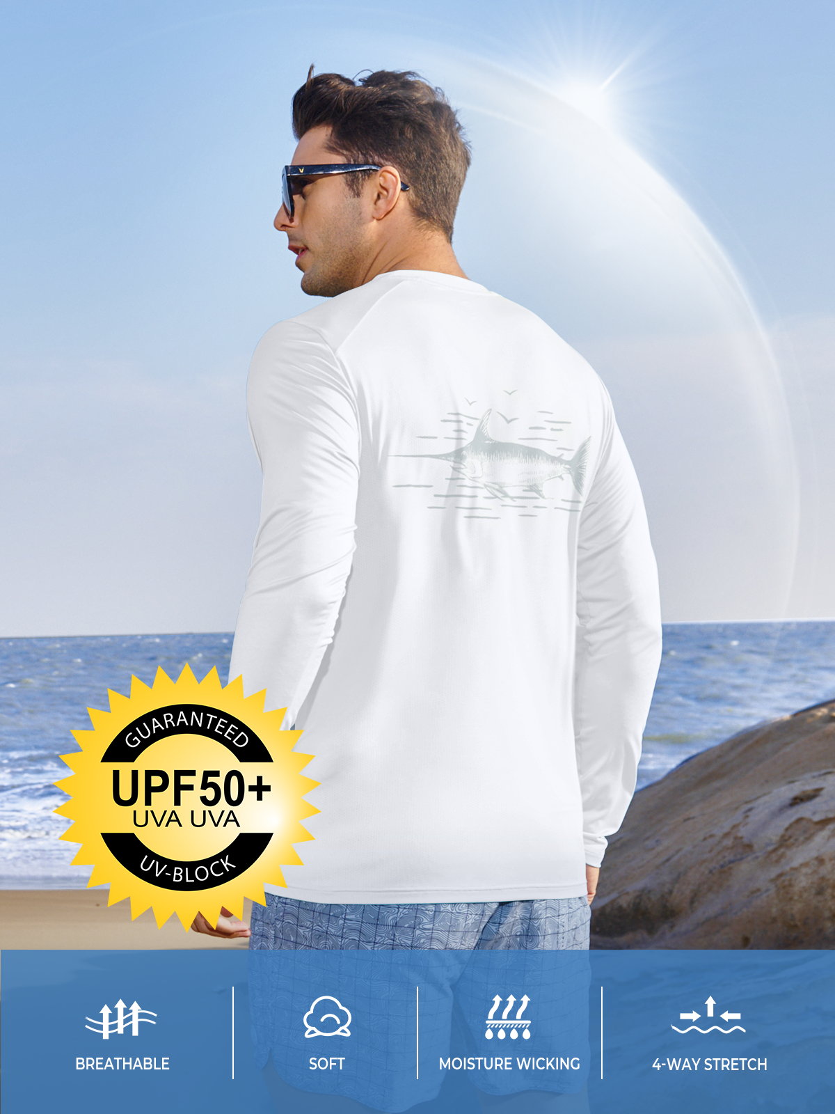 Men's Sun Protection UV Fishing T Shirts Crewneck Long Sleeve for Swim