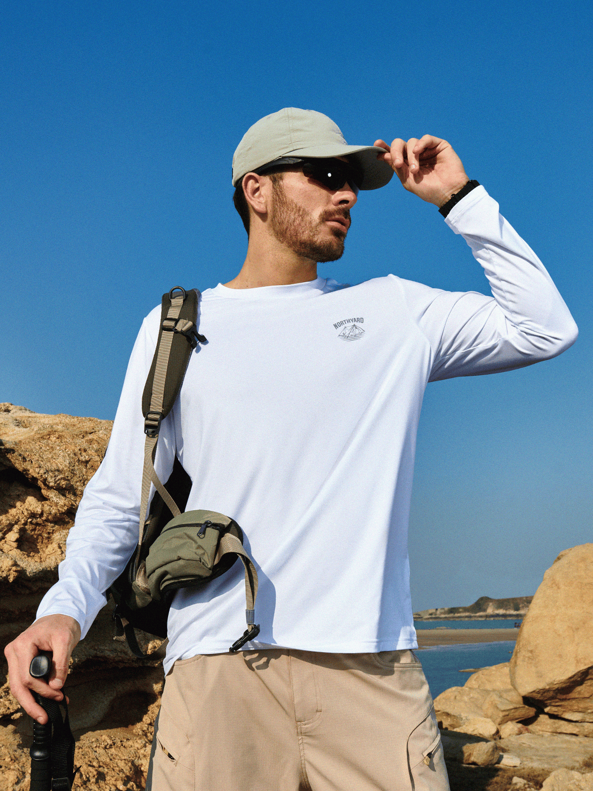 White Men's UPF 50+ Sun Protection Shirt On-Model - Long Sleeve Fishing Rash Guard