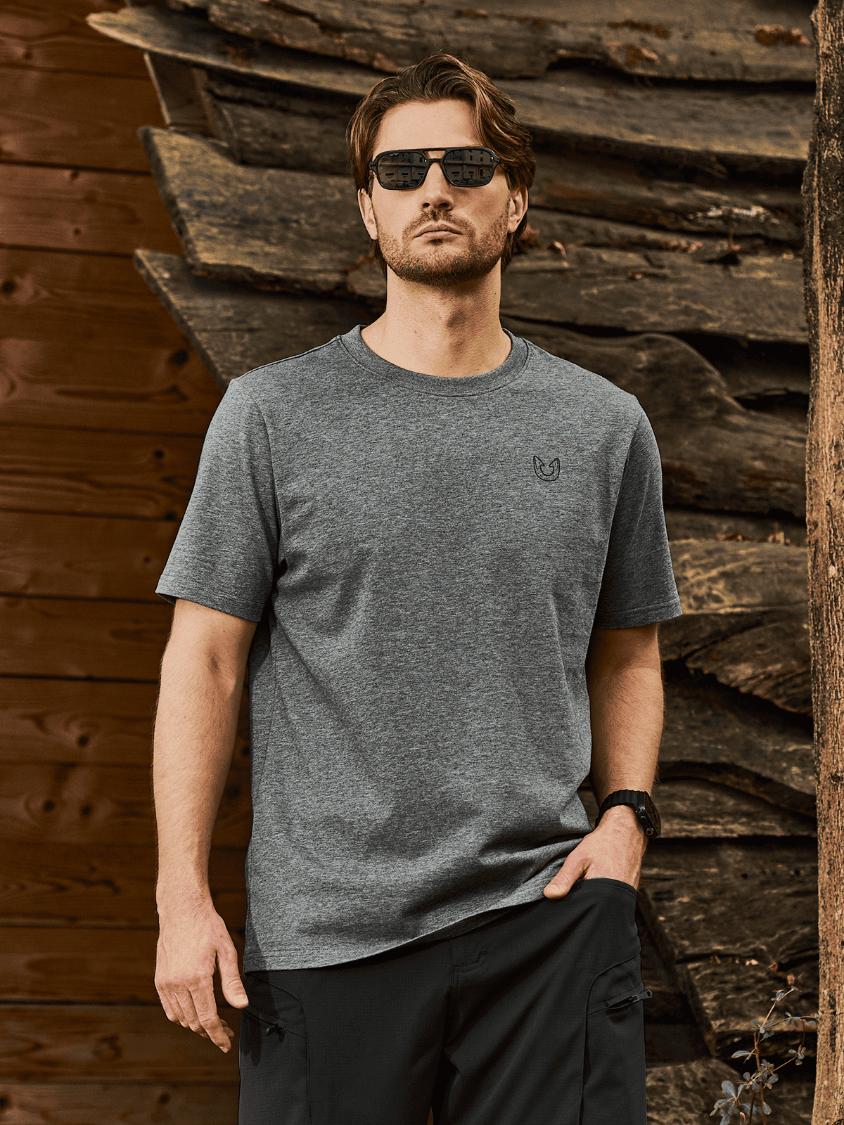 Smoke Heather Men's 100% Cotton Graphic T-Shirt On-Model - Relaxed Fit Adventure Lifestyle