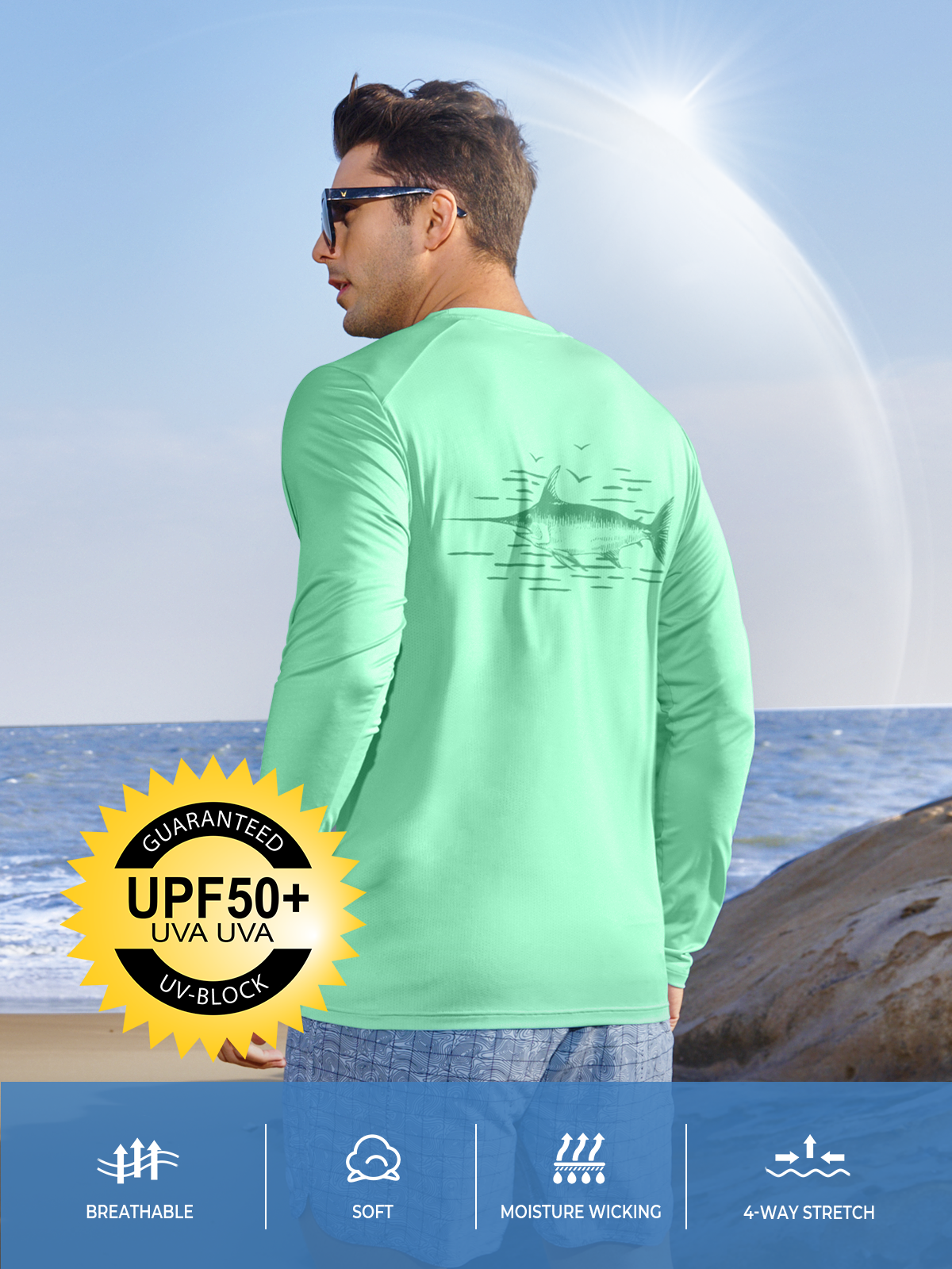 Men's Sun Protection UV Fishing T Shirts Crewneck Long Sleeve for Swim