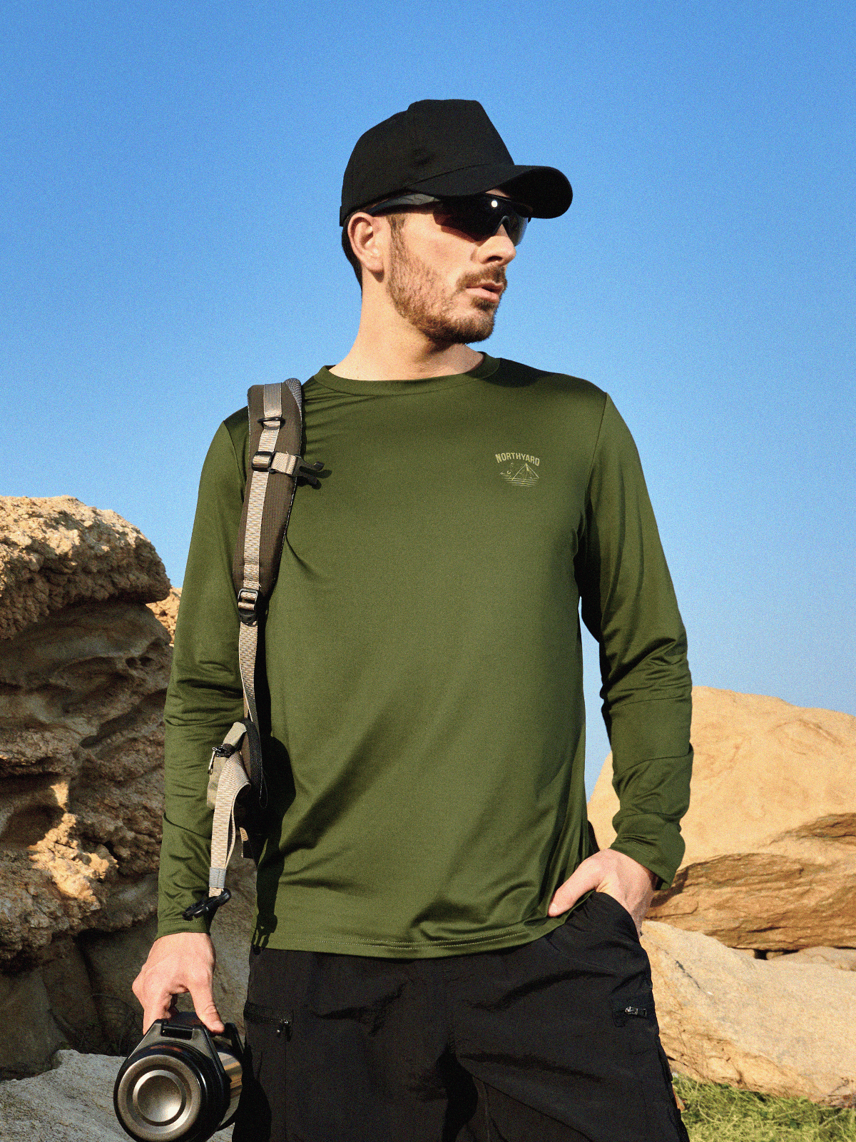 Armygreen Men's UPF 50+ Sun Protection Shirt On-Model - Long Sleeve Fishing Rash Guard