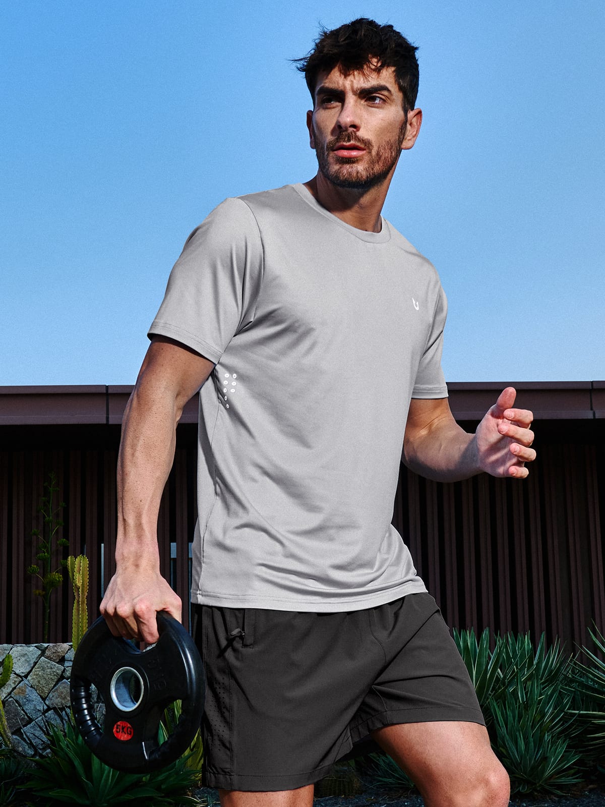 Lightgrey Men's Performance Running Shirt On-Model - Lightweight Gym & Workout Gear